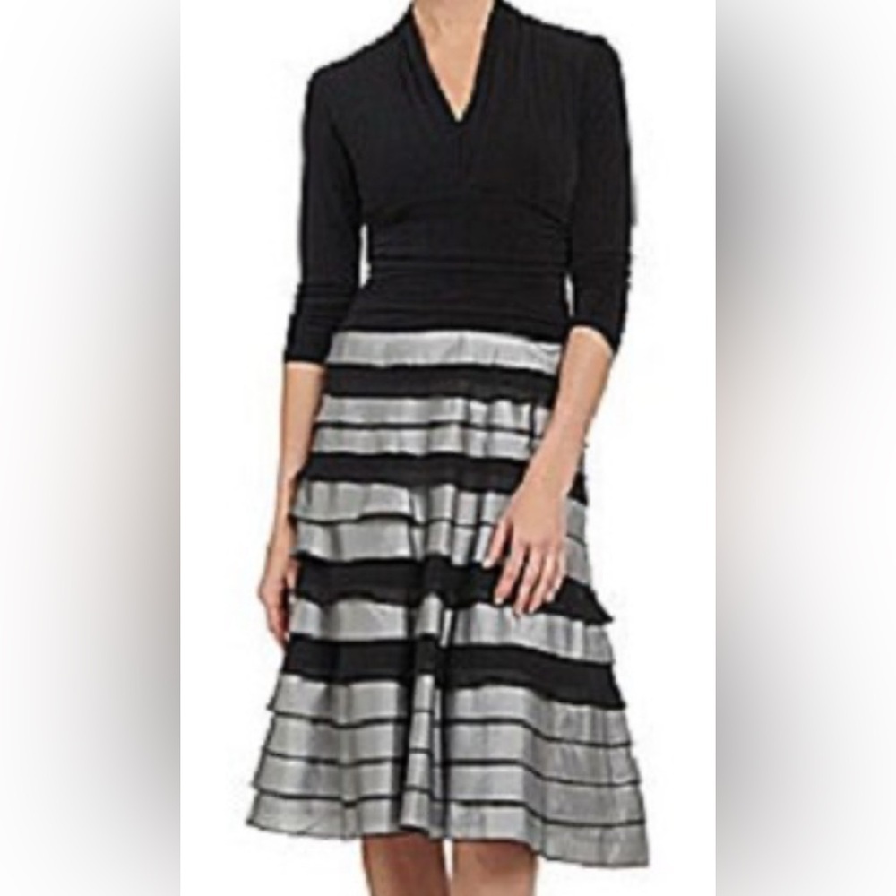 S.L. Fashions Elegant Black and Silver Tiered Taffeta Dress size 18W.